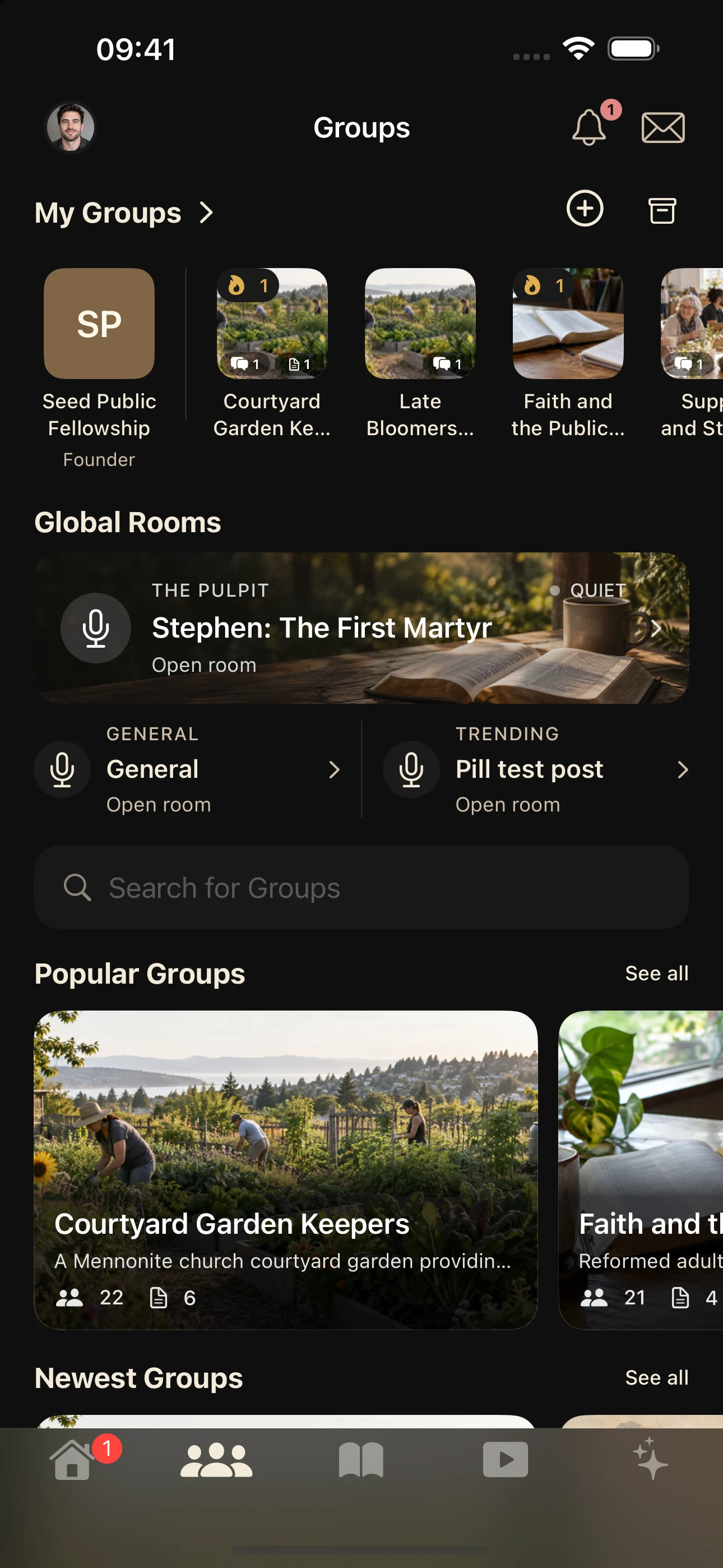 HolyHub Groups screen with live rooms and community spaces