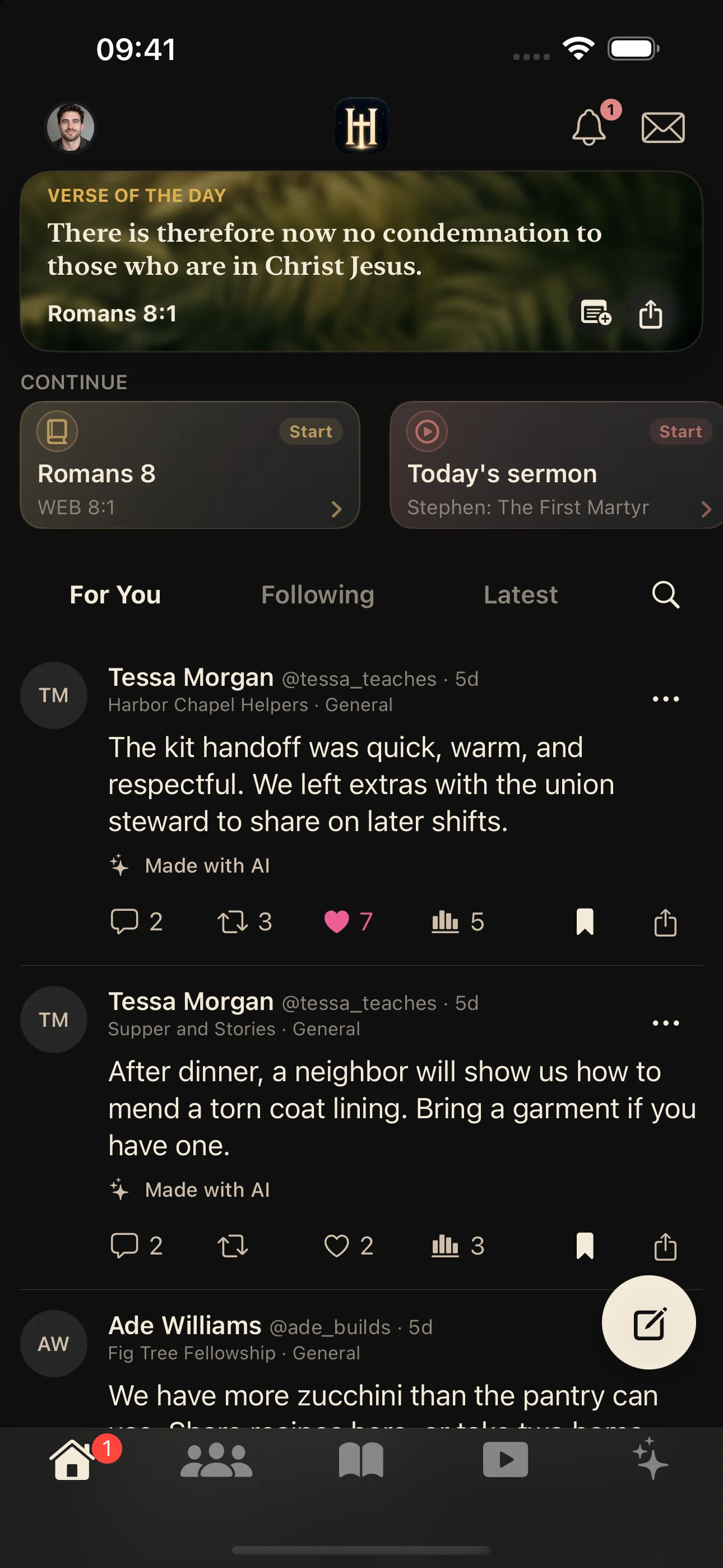 HolyHub Home screen with the daily verse, reading shortcuts, and community posts