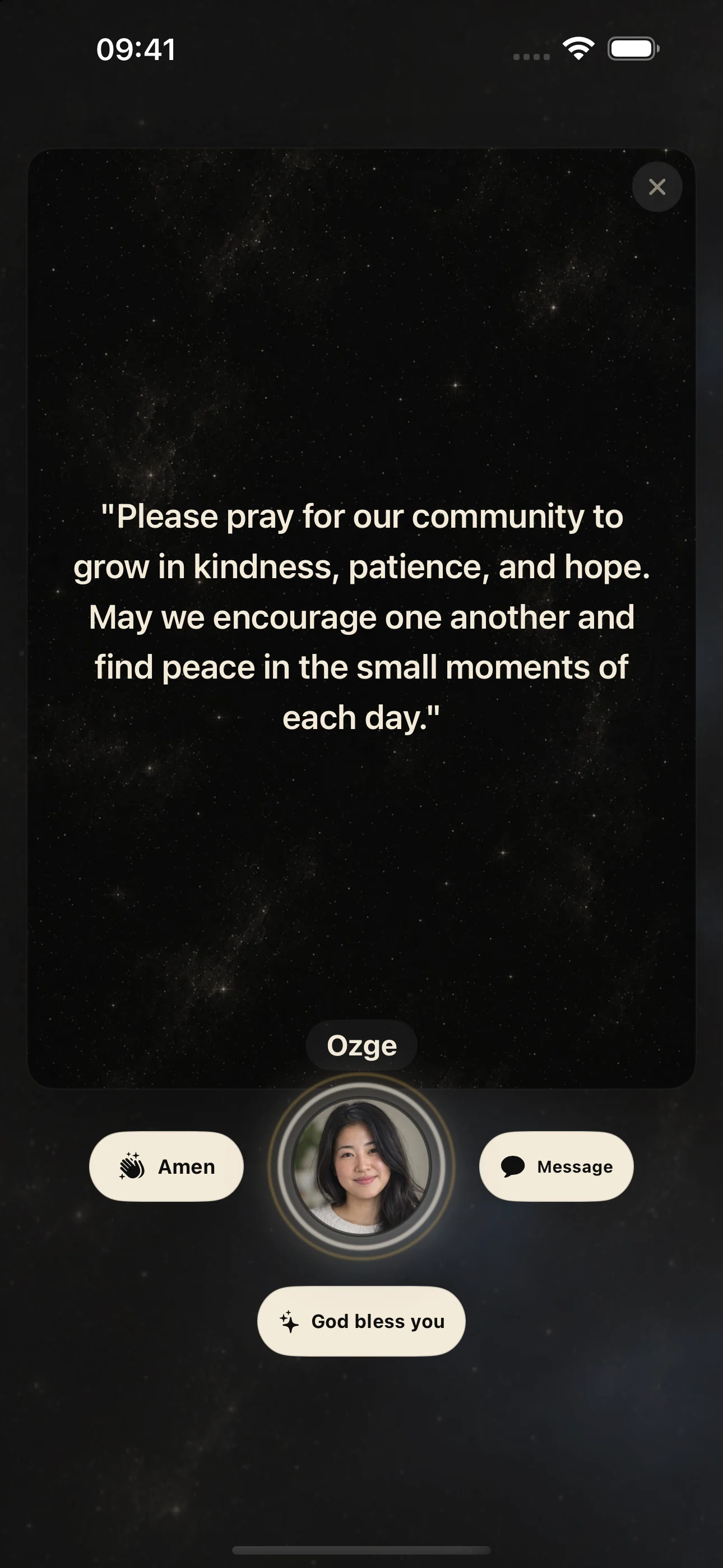 HolyHub Prayer Sky showing a community prayer with Amen, Message, and blessing controls