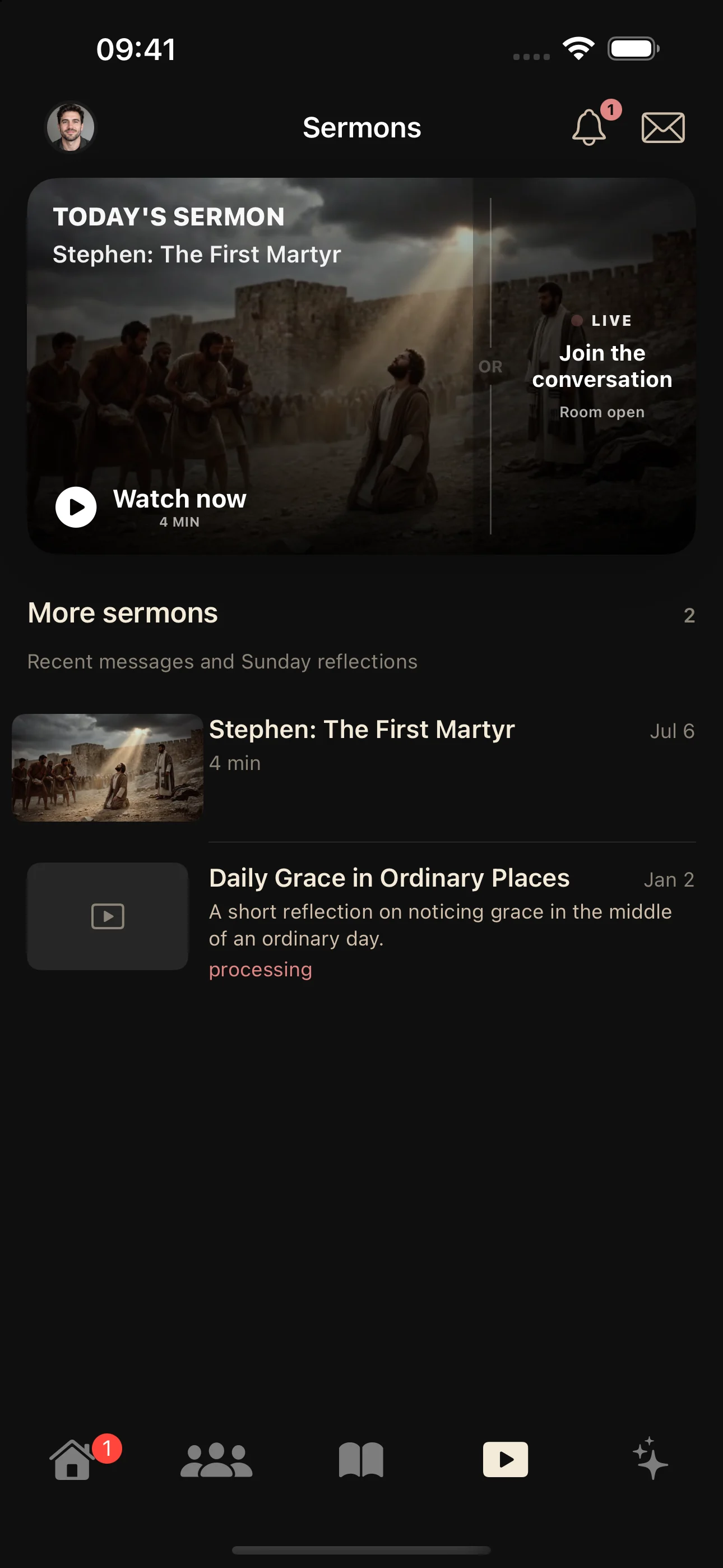 HolyHub Sermons screen with a recent message