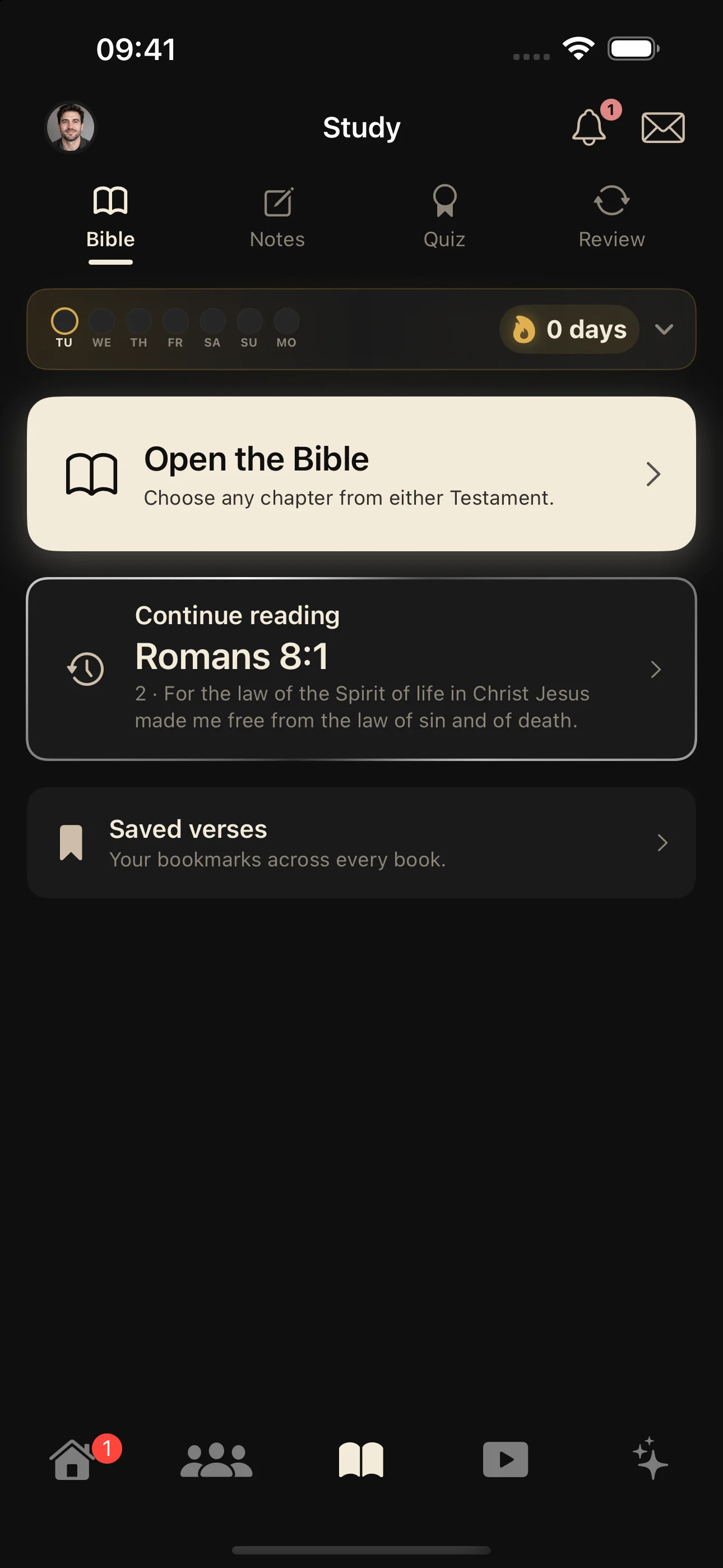 HolyHub Study screen with Bible reading, notes, quizzes, and review